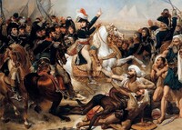 Napoleon v bitvě u pyramid poráží egyptské mameluky. Po této bitvě osedlal dalšího bělouše, na počest vítězství pojmenovaného Pyramid. Zdroj: Wikipedie, Antoine-Jean Gros (výřez)